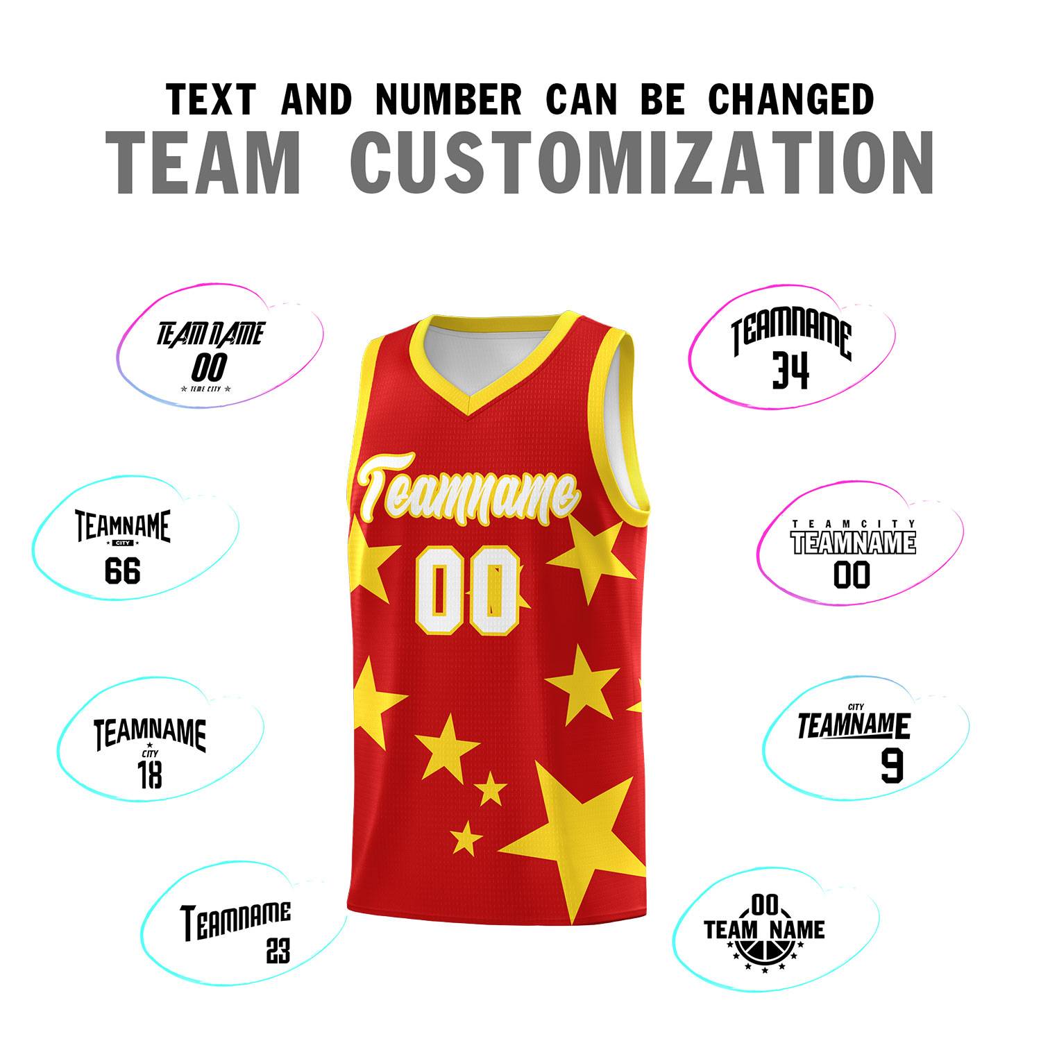 Custom Red Gold Graffiti Pattern Star Print Basketball Jersey Sets