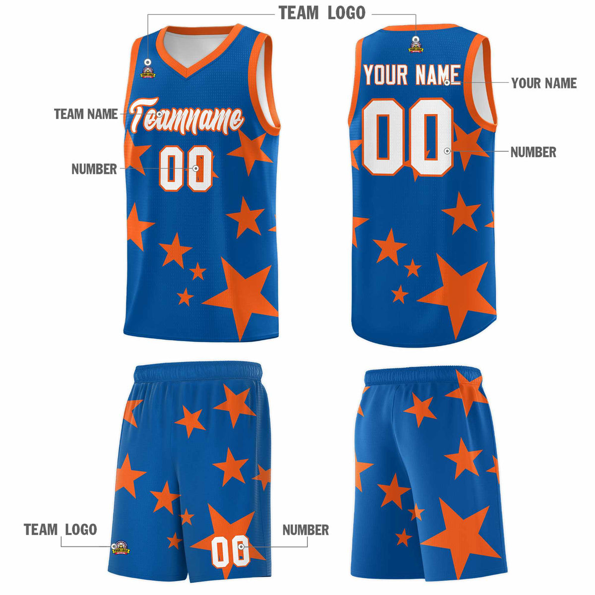 Custom Royal Orange Graffiti Pattern Star Print Basketball Jersey Sets