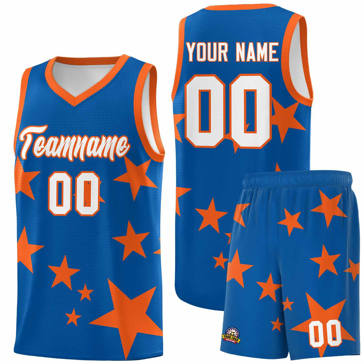 Custom Royal Orange Graffiti Pattern Star Print Basketball Jersey Sets