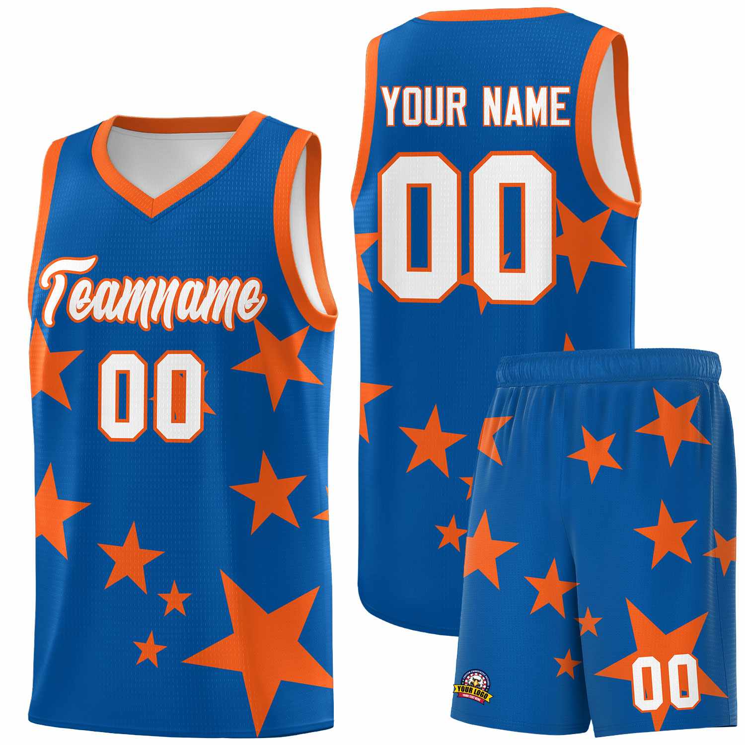 Custom Royal Orange Graffiti Pattern Star Print Basketball Jersey Sets