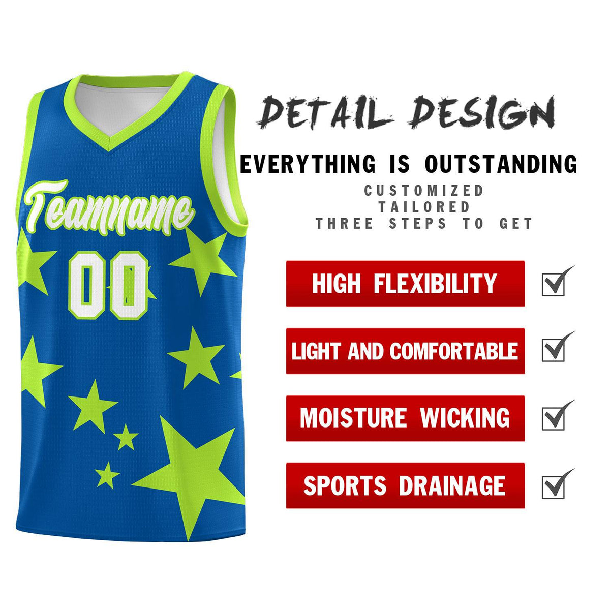 Custom Royal Light Green Graffiti Pattern Star Print Basketball Jersey Sets