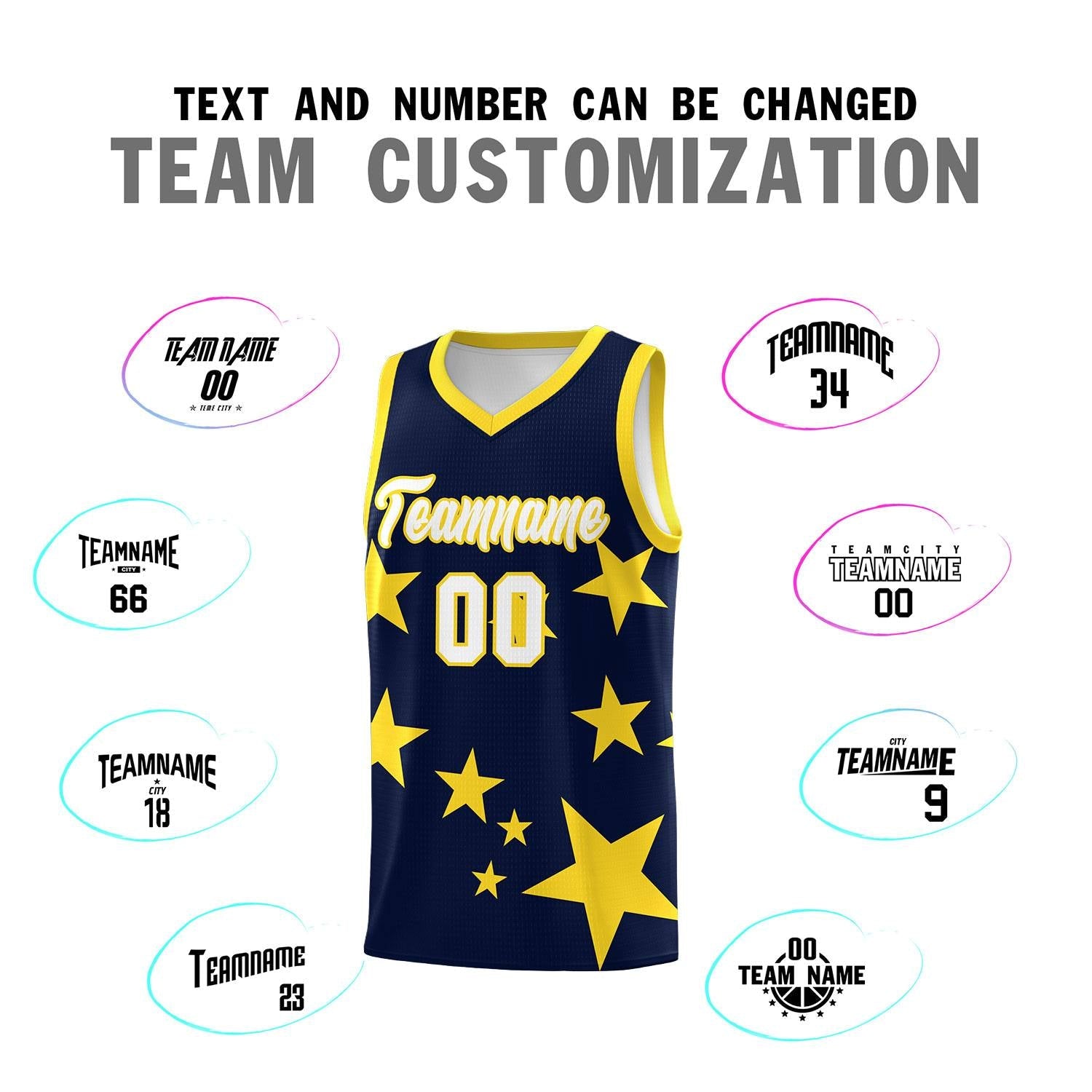 Custom Navy Gold Graffiti Pattern Star Print Basketball Jersey Sets