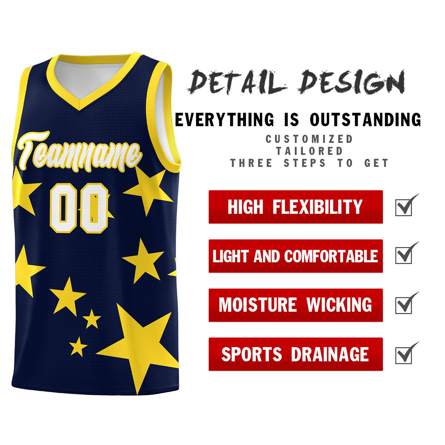 Custom Navy Gold Graffiti Pattern Star Print Basketball Jersey Sets