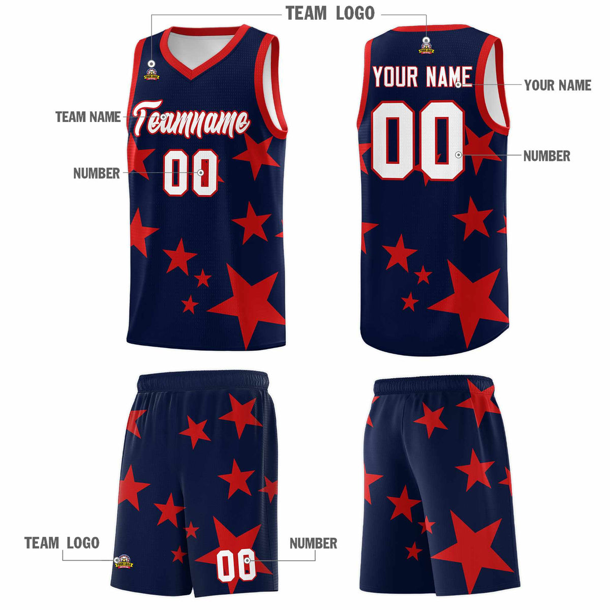 Custom Navy Red Graffiti Pattern Star Print Basketball Jersey Sets