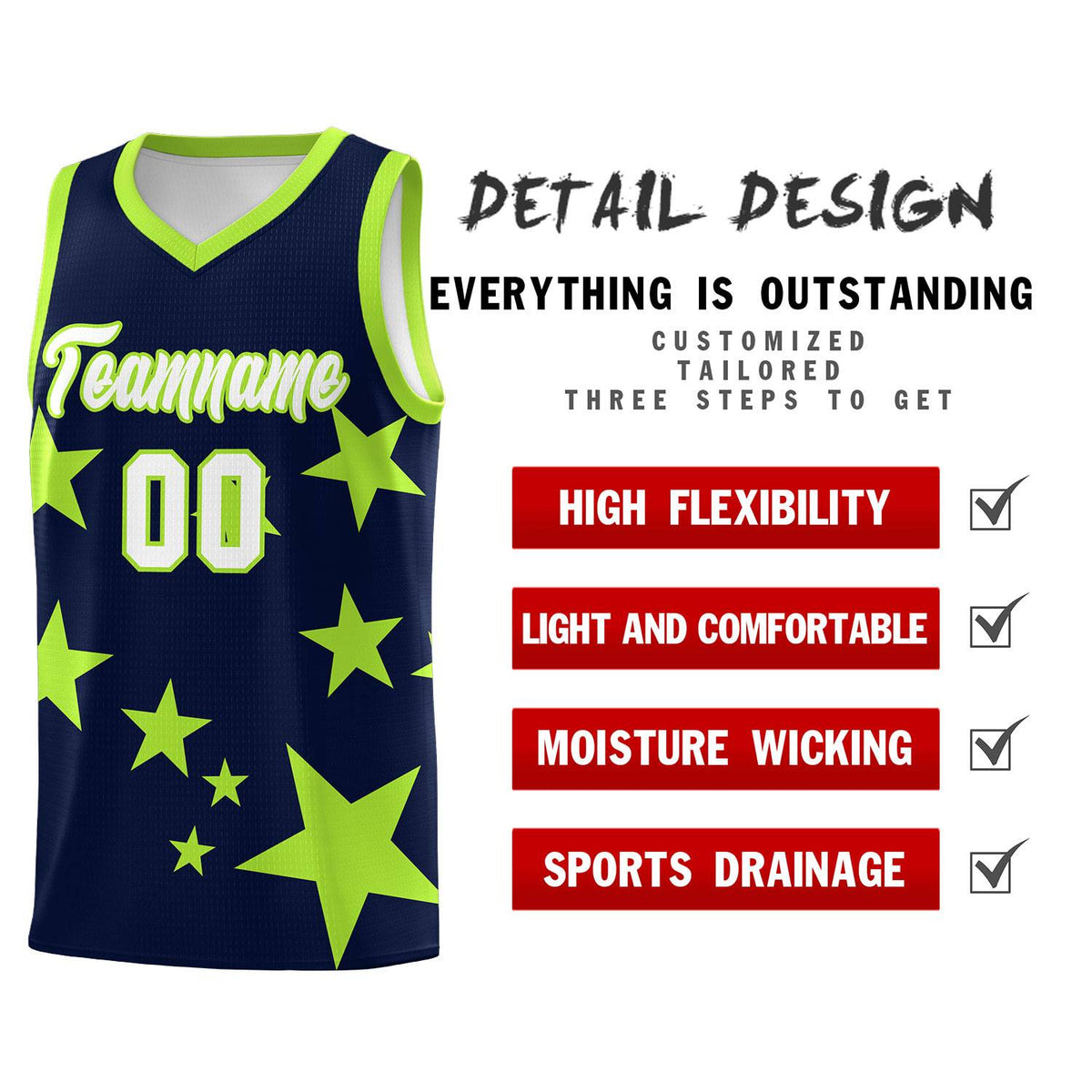 Custom Navy Light Green Graffiti Pattern Star Print Basketball Jersey Sets