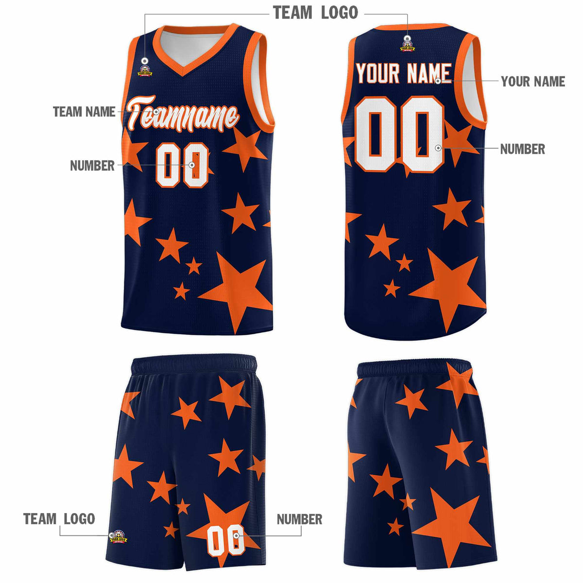 Custom Navy Orange Graffiti Pattern Star Print Basketball Jersey Sets