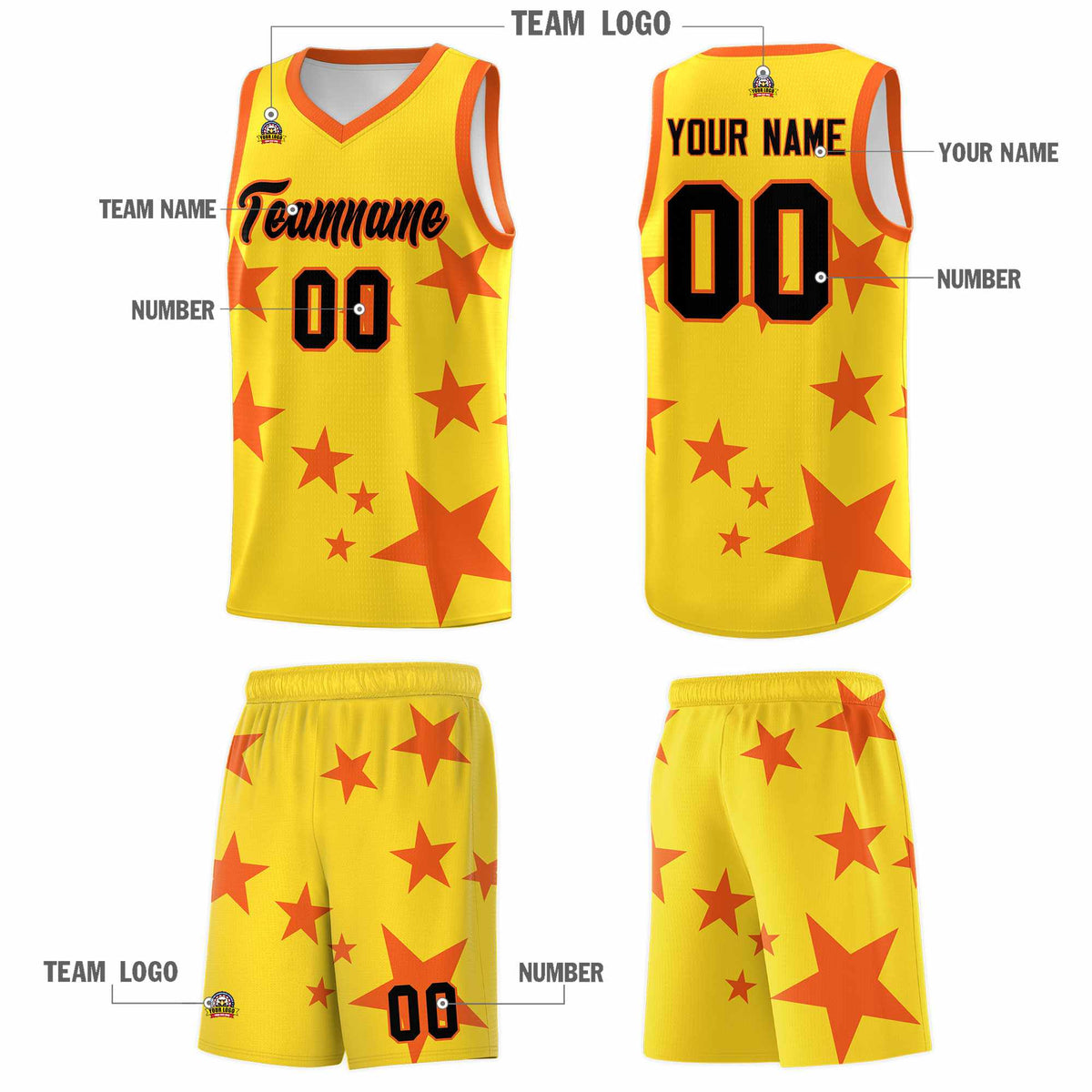 Custom Gold Orange Graffiti Pattern Star Print Basketball Jersey Sets
