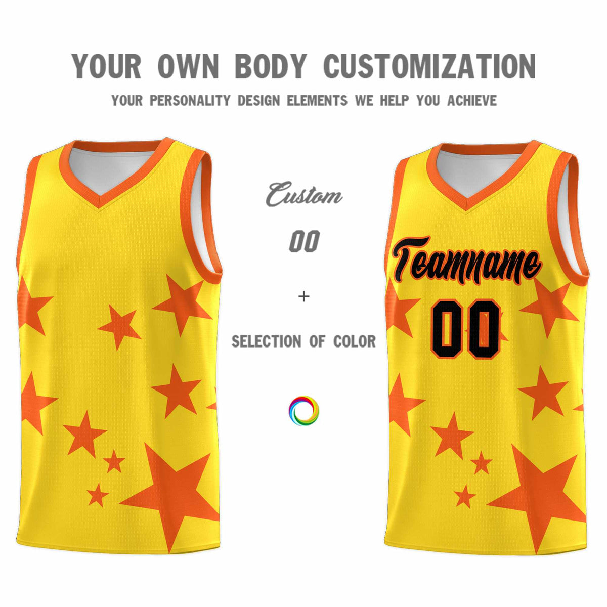 Custom Gold Orange Graffiti Pattern Star Print Basketball Jersey Sets