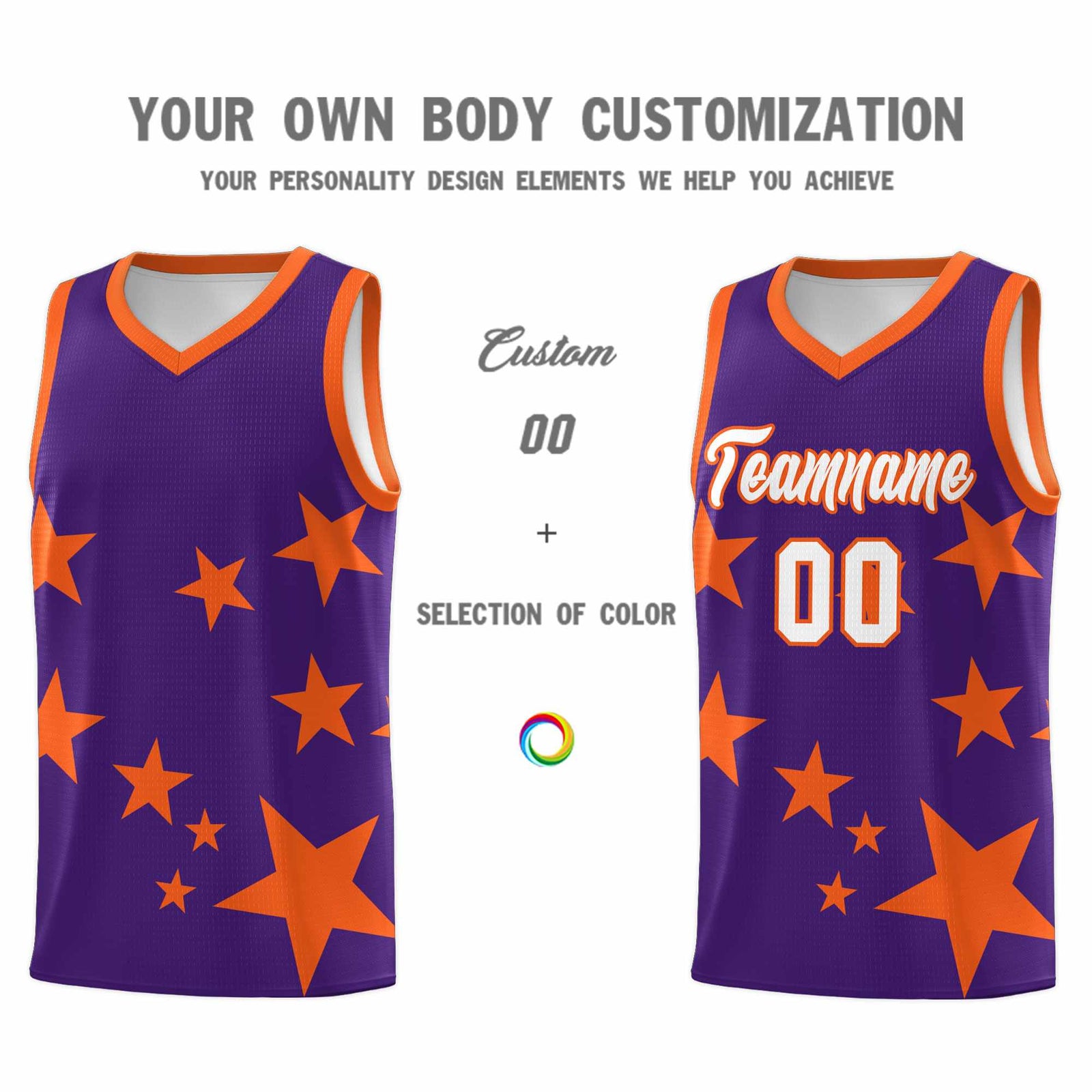 Custom Purple Orange Graffiti Pattern Star Print Basketball Jersey Sets