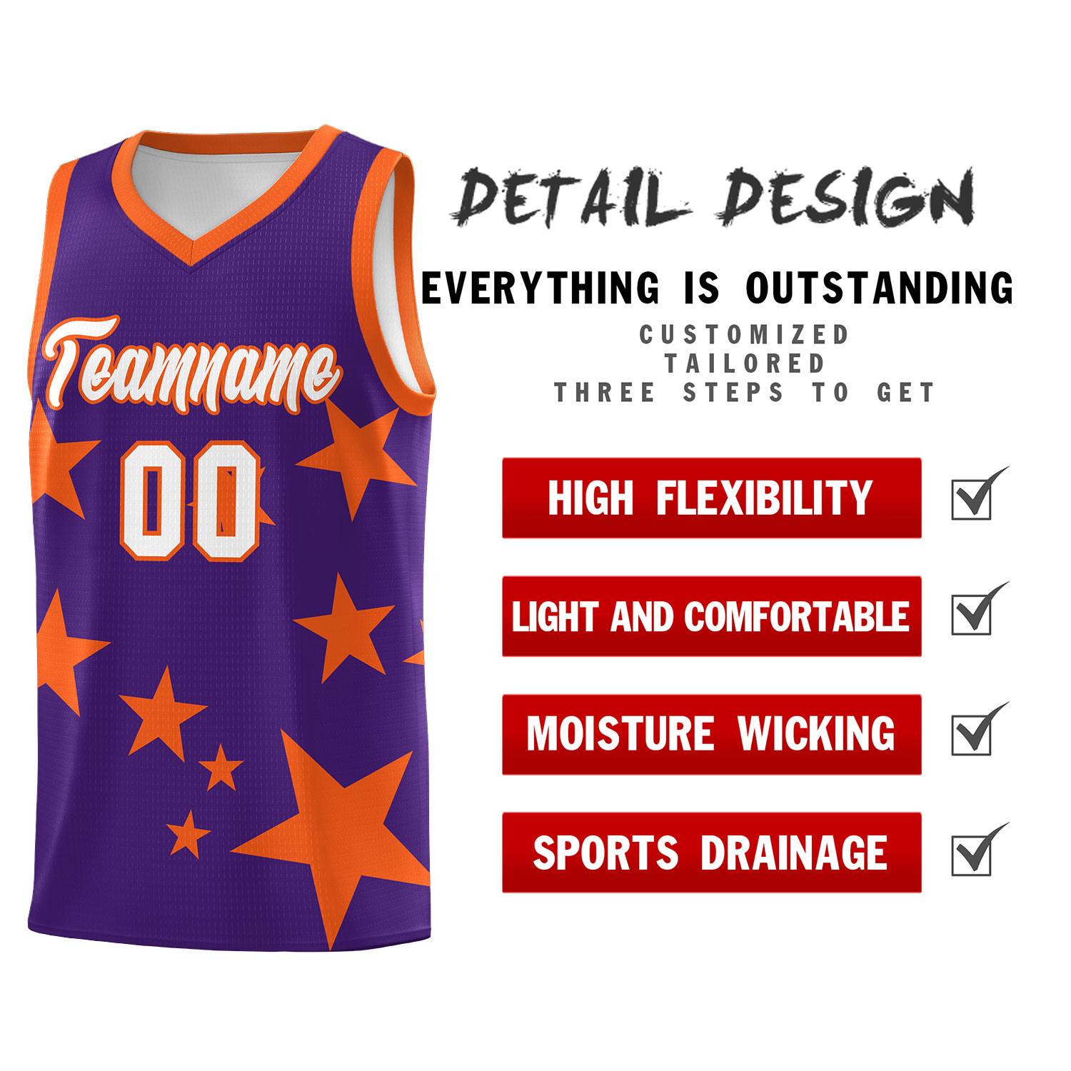 Custom Purple Orange Graffiti Pattern Star Print Basketball Jersey Sets