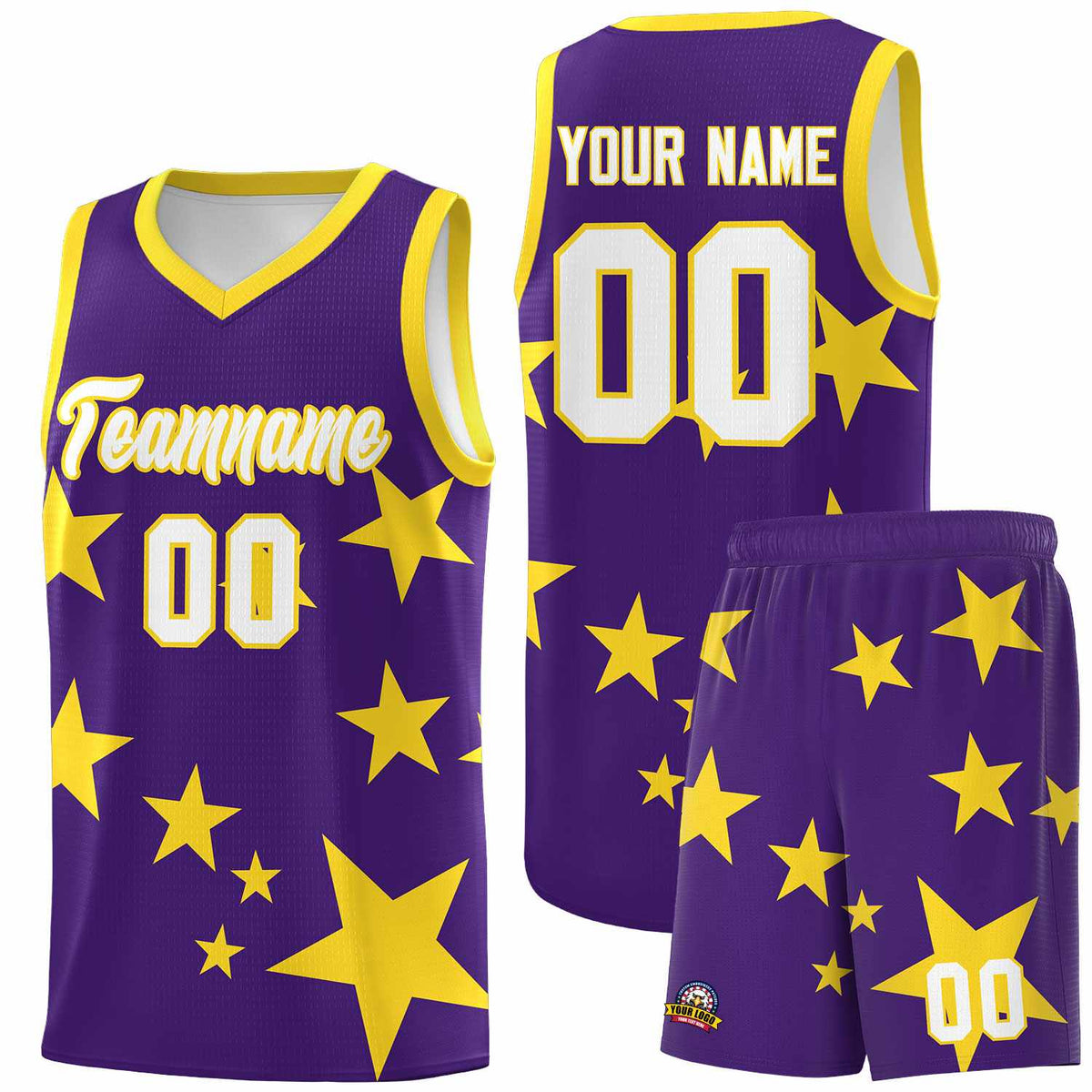 Custom Purple Gold Graffiti Pattern Star Print Basketball Jersey Sets