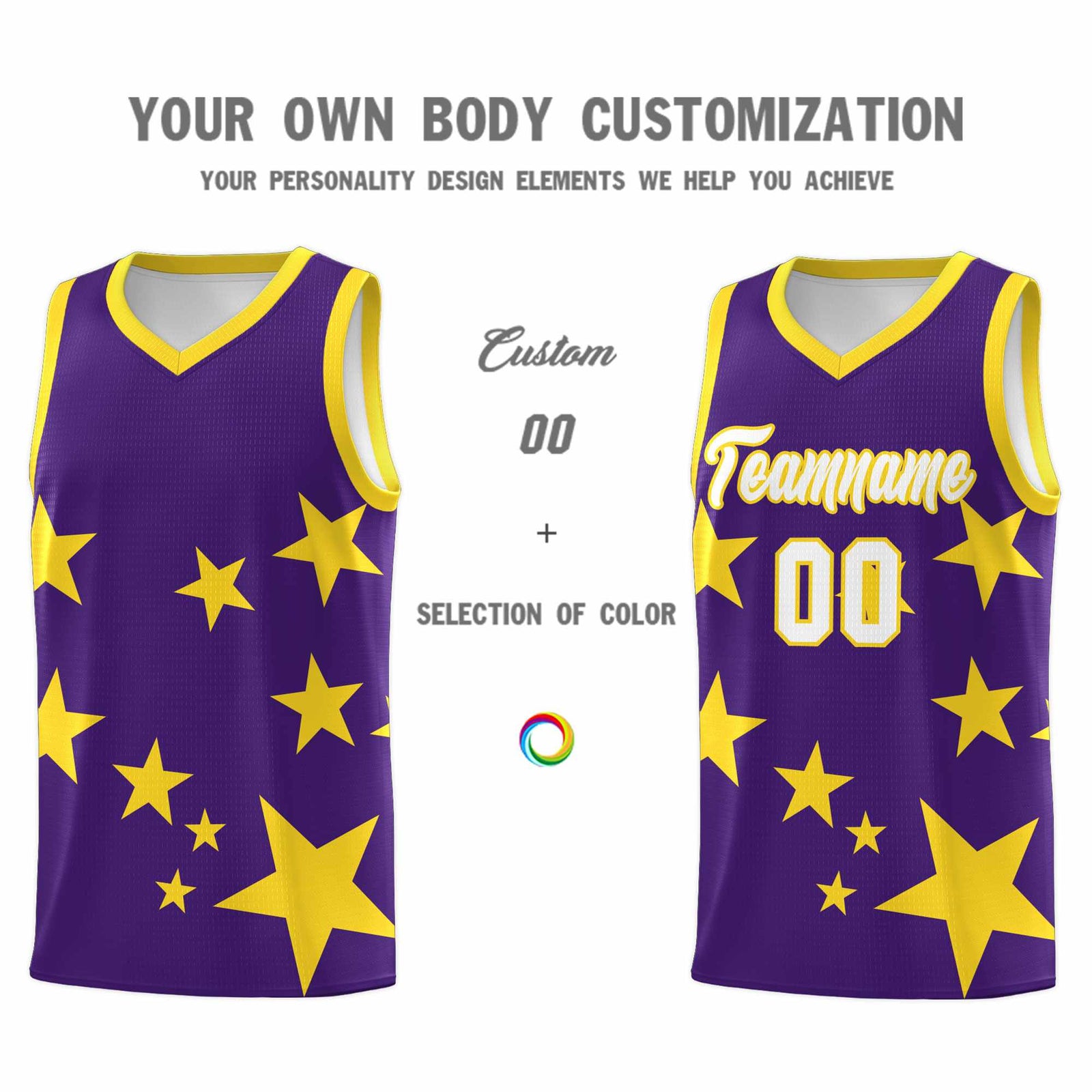 Custom Purple Gold Graffiti Pattern Star Print Basketball Jersey Sets