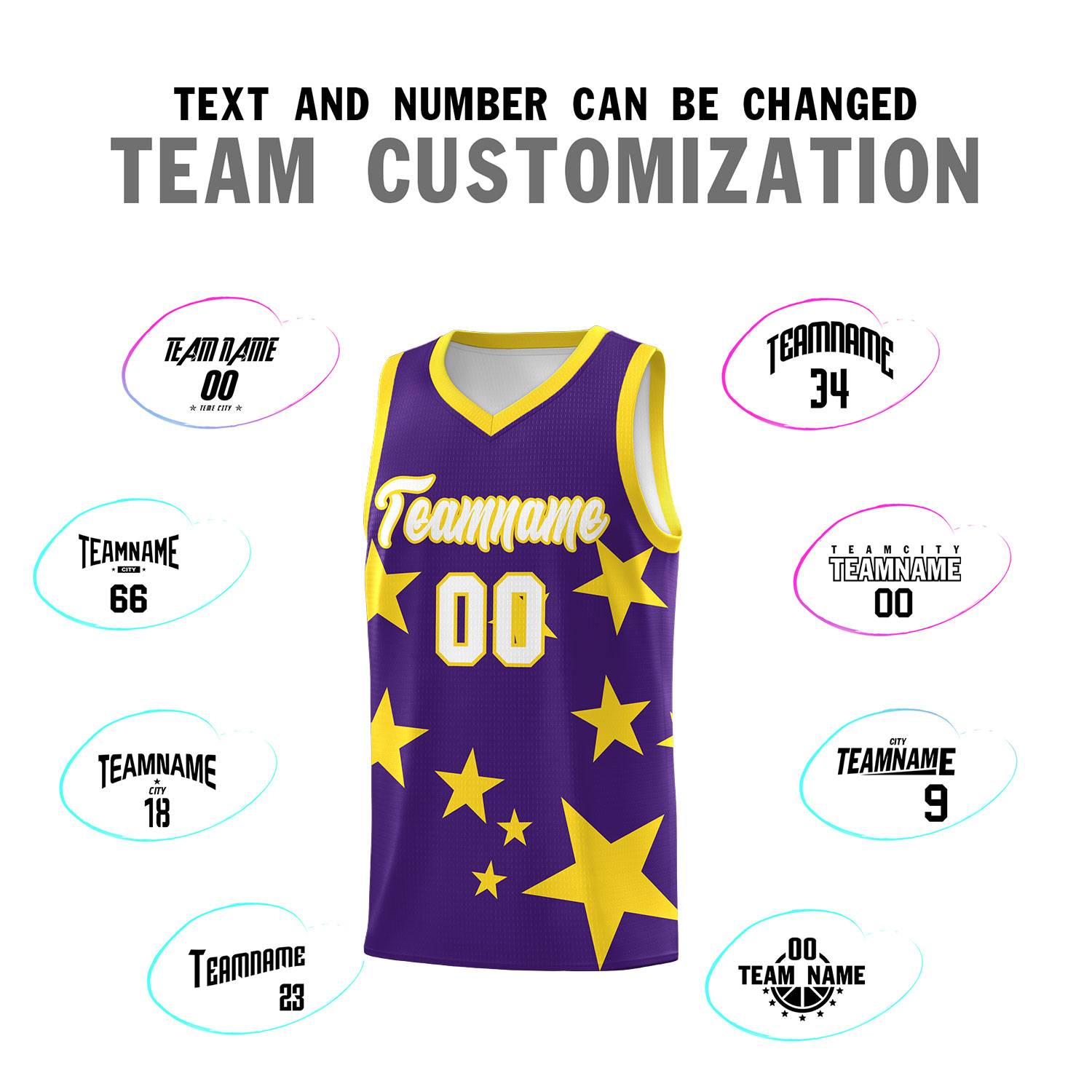 Custom Purple Gold Graffiti Pattern Star Print Basketball Jersey Sets