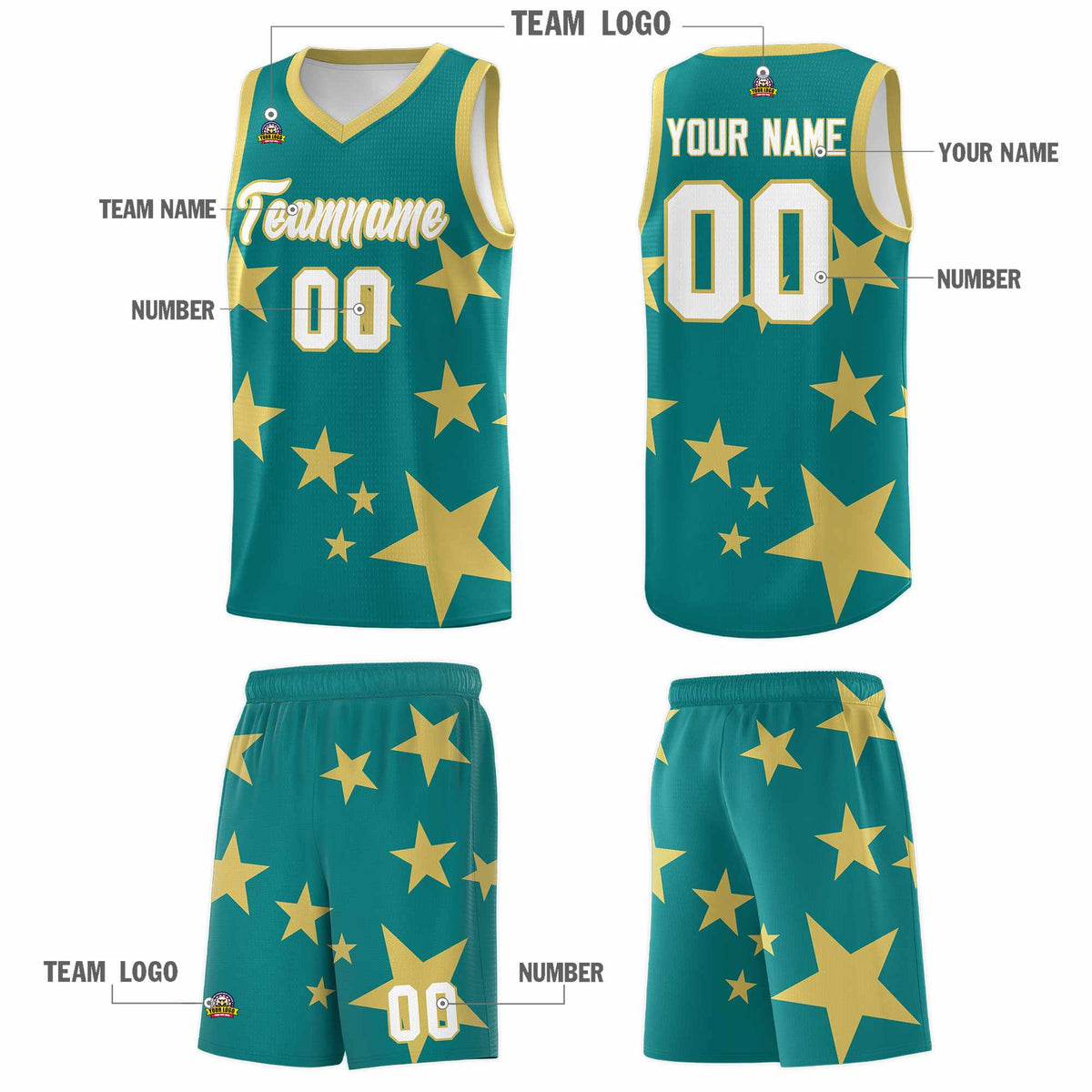 Custom Aqua Old Gold Graffiti Pattern Star Print Basketball Jersey Sets
