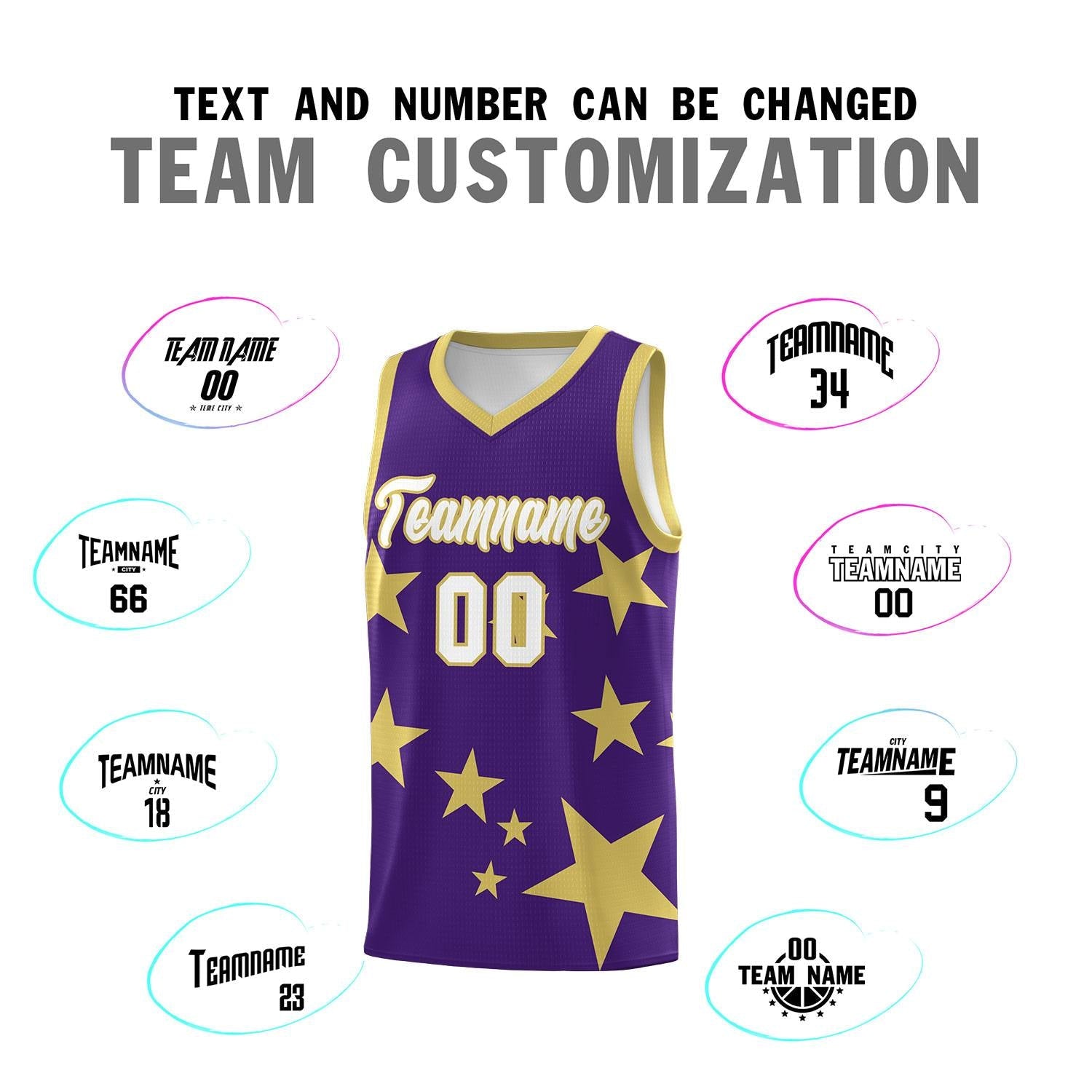 Custom Purple Old Gold Graffiti Pattern Star Print Basketball Jersey Sets
