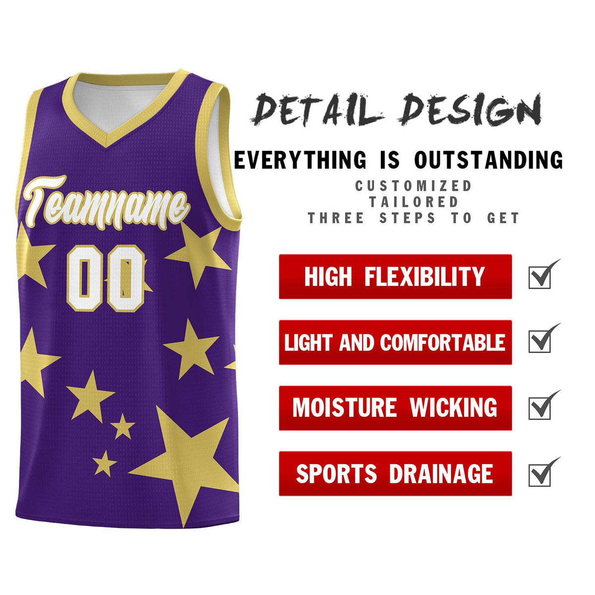 Custom Purple Old Gold Graffiti Pattern Star Print Basketball Jersey Sets