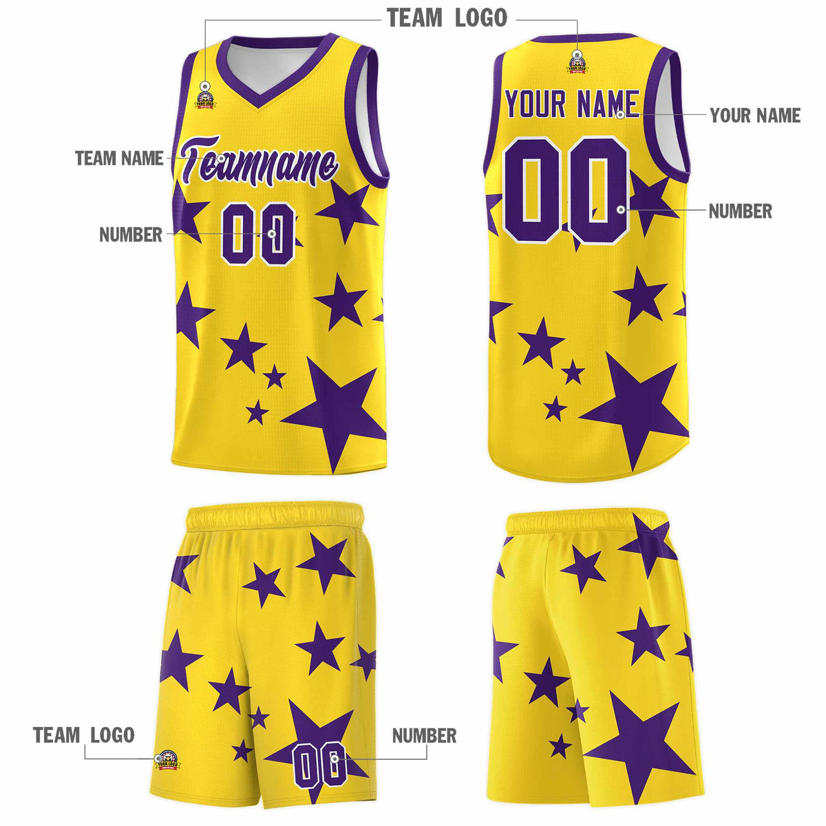 Custom Gold Purple Graffiti Pattern Star Print Basketball Jersey Sets