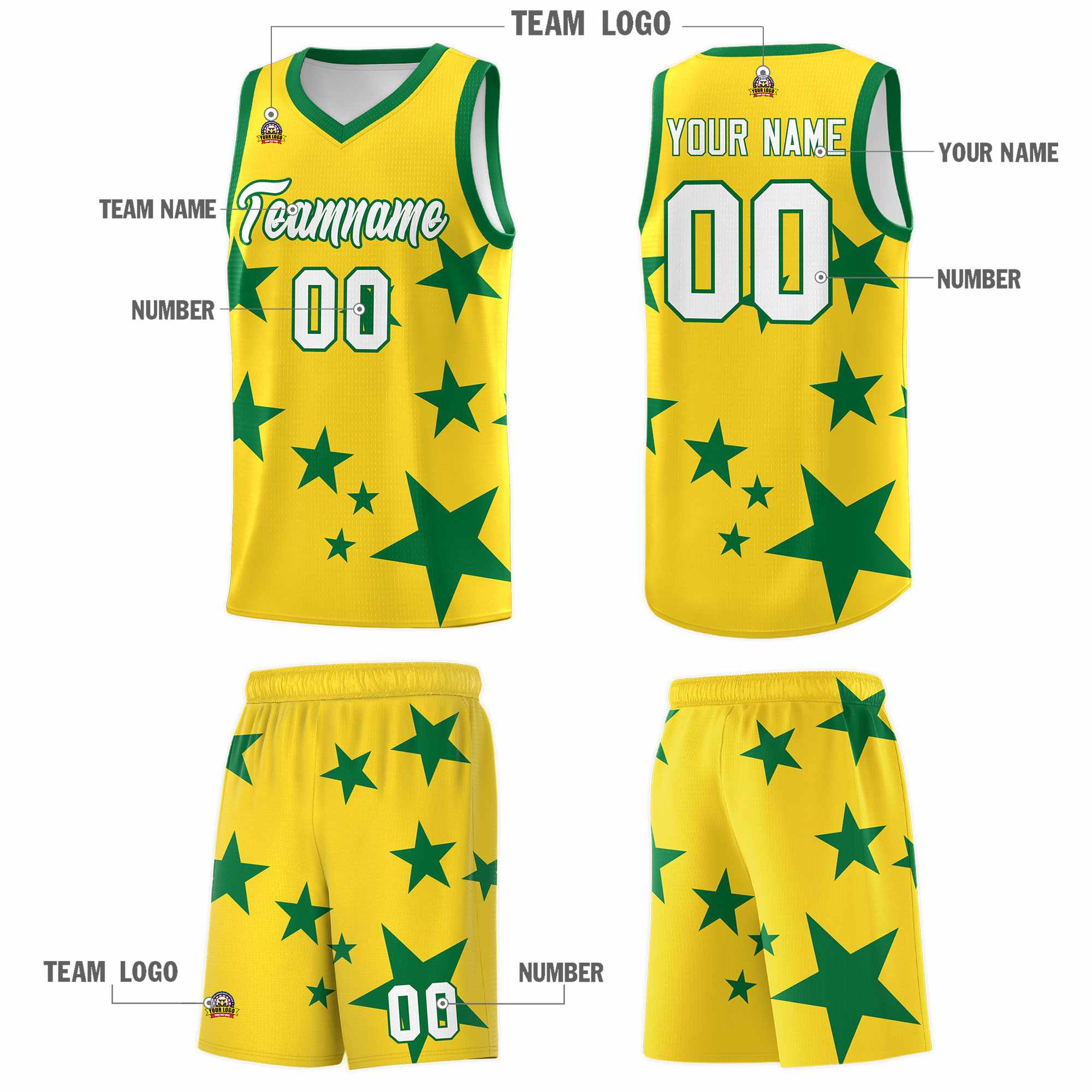 Custom Gold Kelly Green Graffiti Pattern Star Print Basketball Jersey Sets