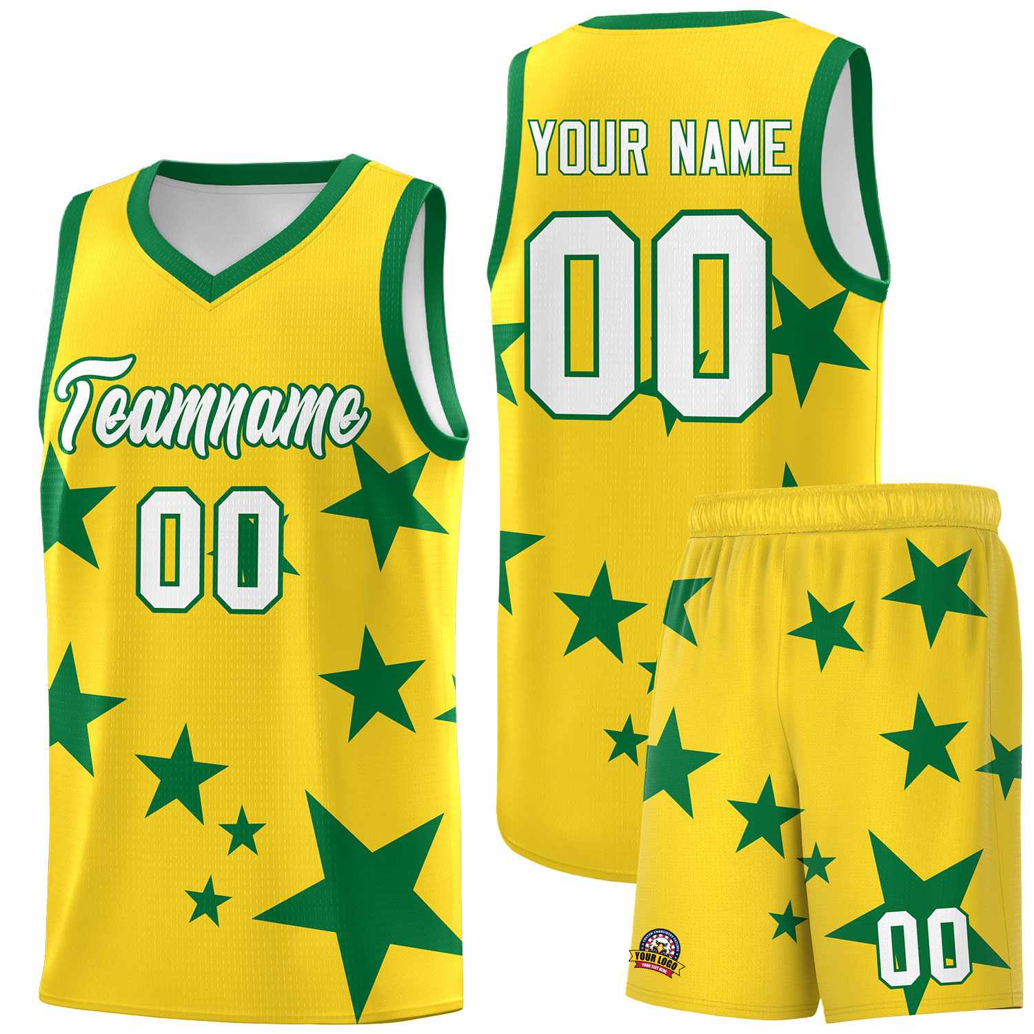 Custom Gold Kelly Green Graffiti Pattern Star Print Basketball Jersey Sets