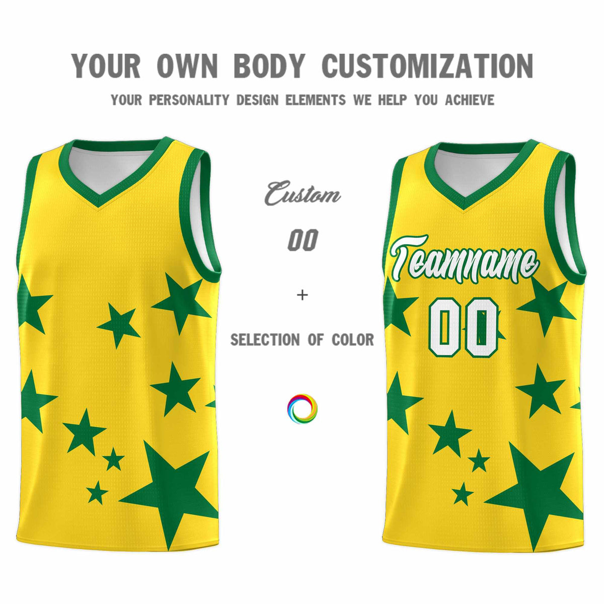 Custom Gold Kelly Green Graffiti Pattern Star Print Basketball Jersey Sets