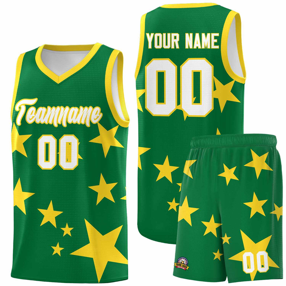 Custom Kelly Green Gold Graffiti Pattern Star Print Basketball Jersey Sets