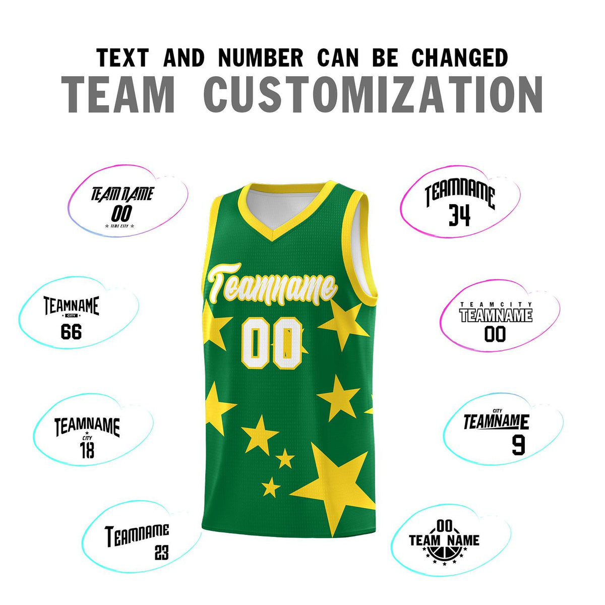 Custom Kelly Green Gold Graffiti Pattern Star Print Basketball Jersey Sets