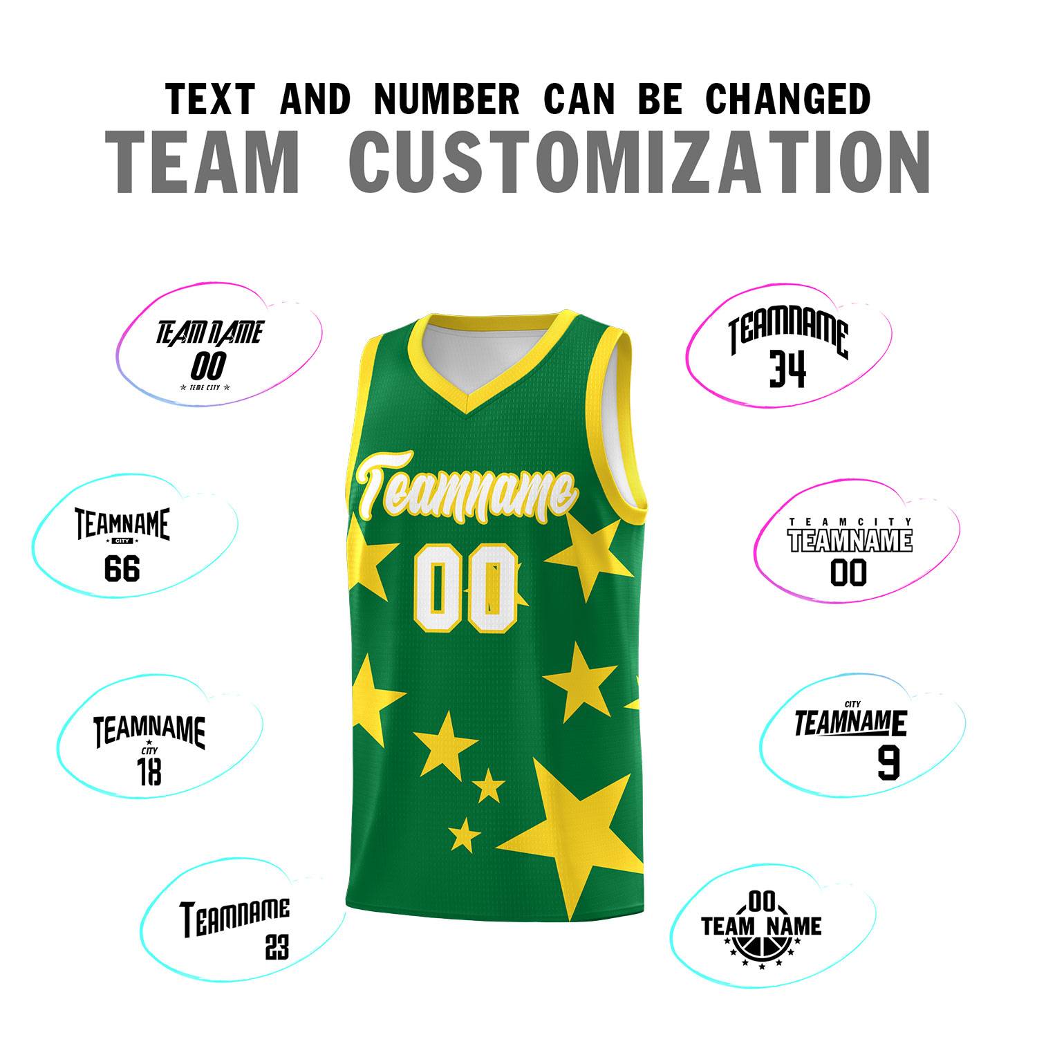 Custom Kelly Green Gold Graffiti Pattern Star Print Basketball Jersey Sets