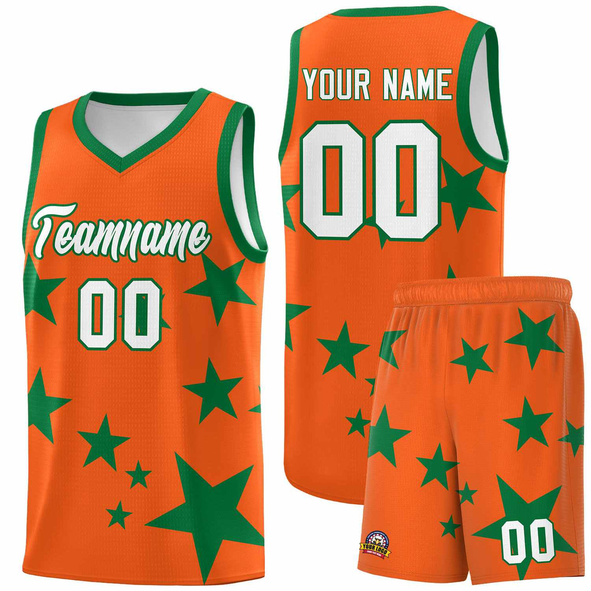 Custom Orange Kelly Green Graffiti Pattern Star Print Basketball Jersey Sets