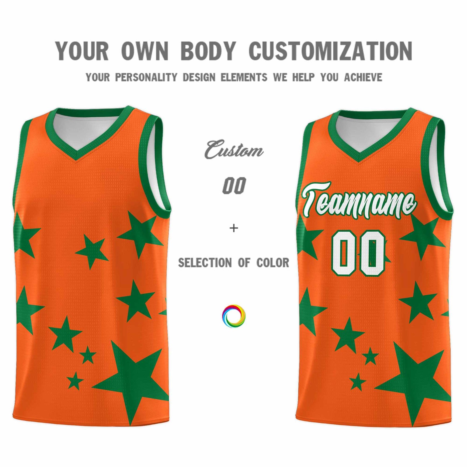 Custom Orange Kelly Green Graffiti Pattern Star Print Basketball Jersey Sets