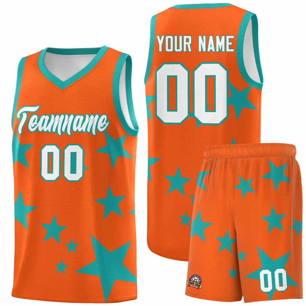 Custom Orange Aqua Graffiti Pattern Star Print Basketball Jersey Sets
