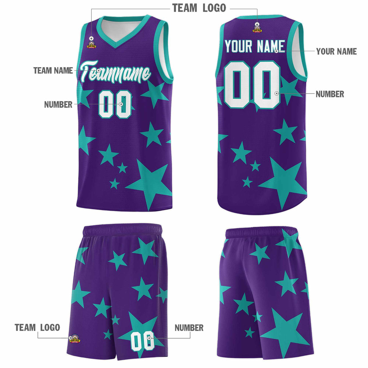 Custom Purple Aqua Graffiti Pattern Star Print Basketball Jersey Sets