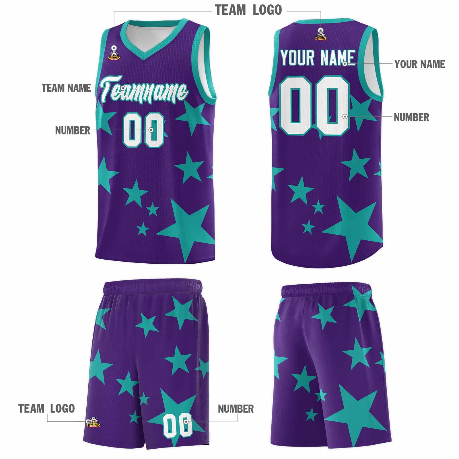 Custom Purple Aqua Graffiti Pattern Star Print Basketball Jersey Sets