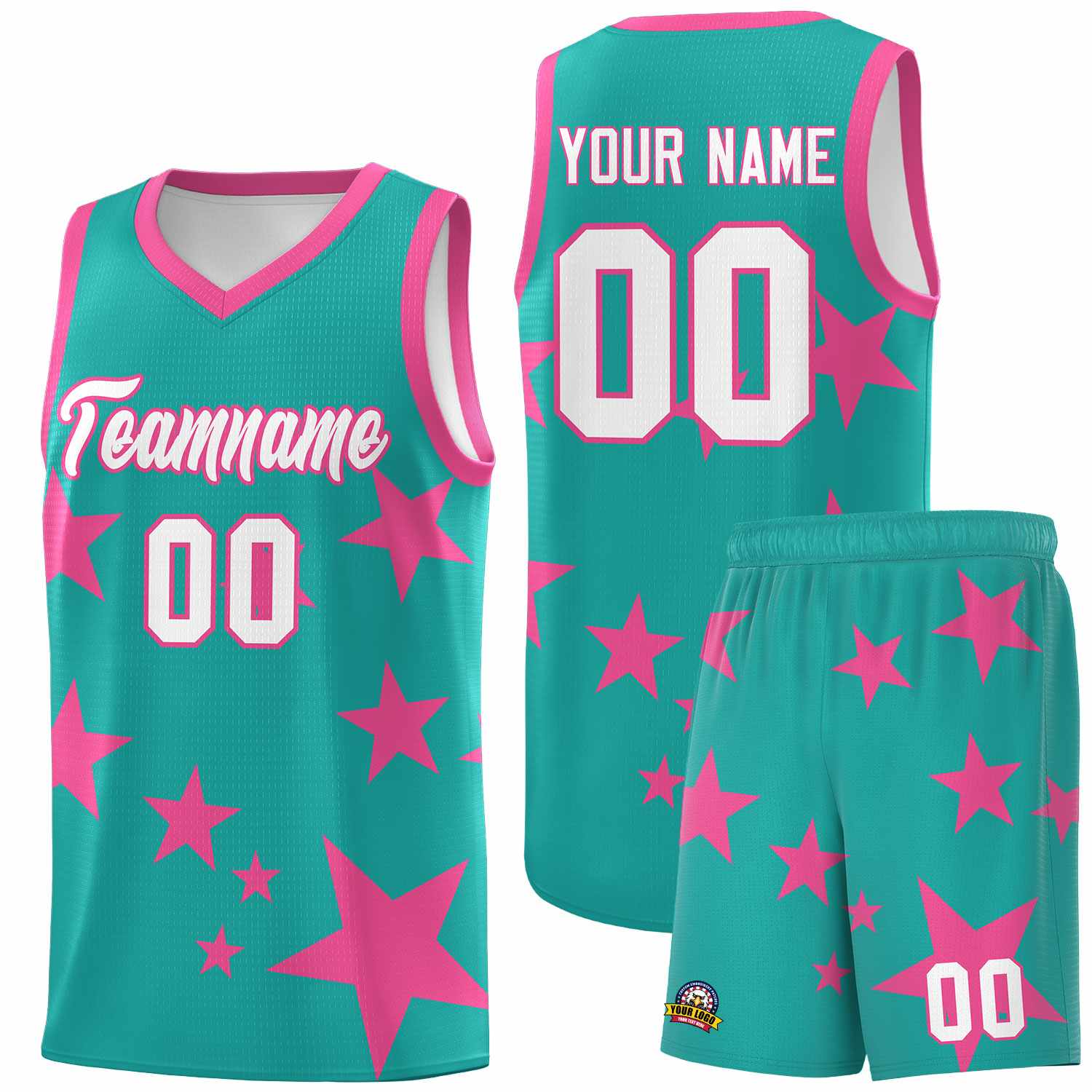 Custom Aqua Pink Graffiti Pattern Star Print Basketball Jersey Sets