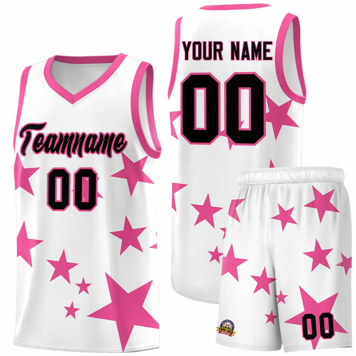 Custom White Pink Graffiti Pattern Star Print Basketball Jersey Sets
