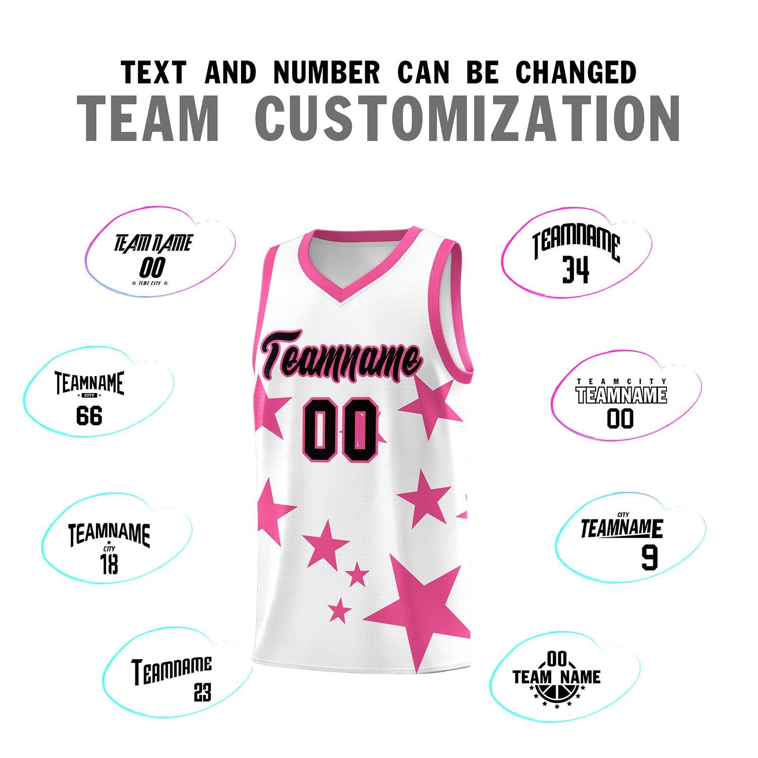 Custom White Pink Graffiti Pattern Star Print Basketball Jersey Sets
