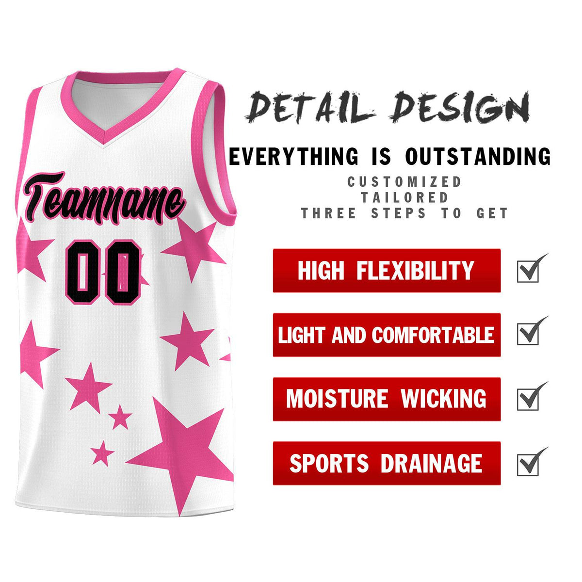 Custom White Pink Graffiti Pattern Star Print Basketball Jersey Sets