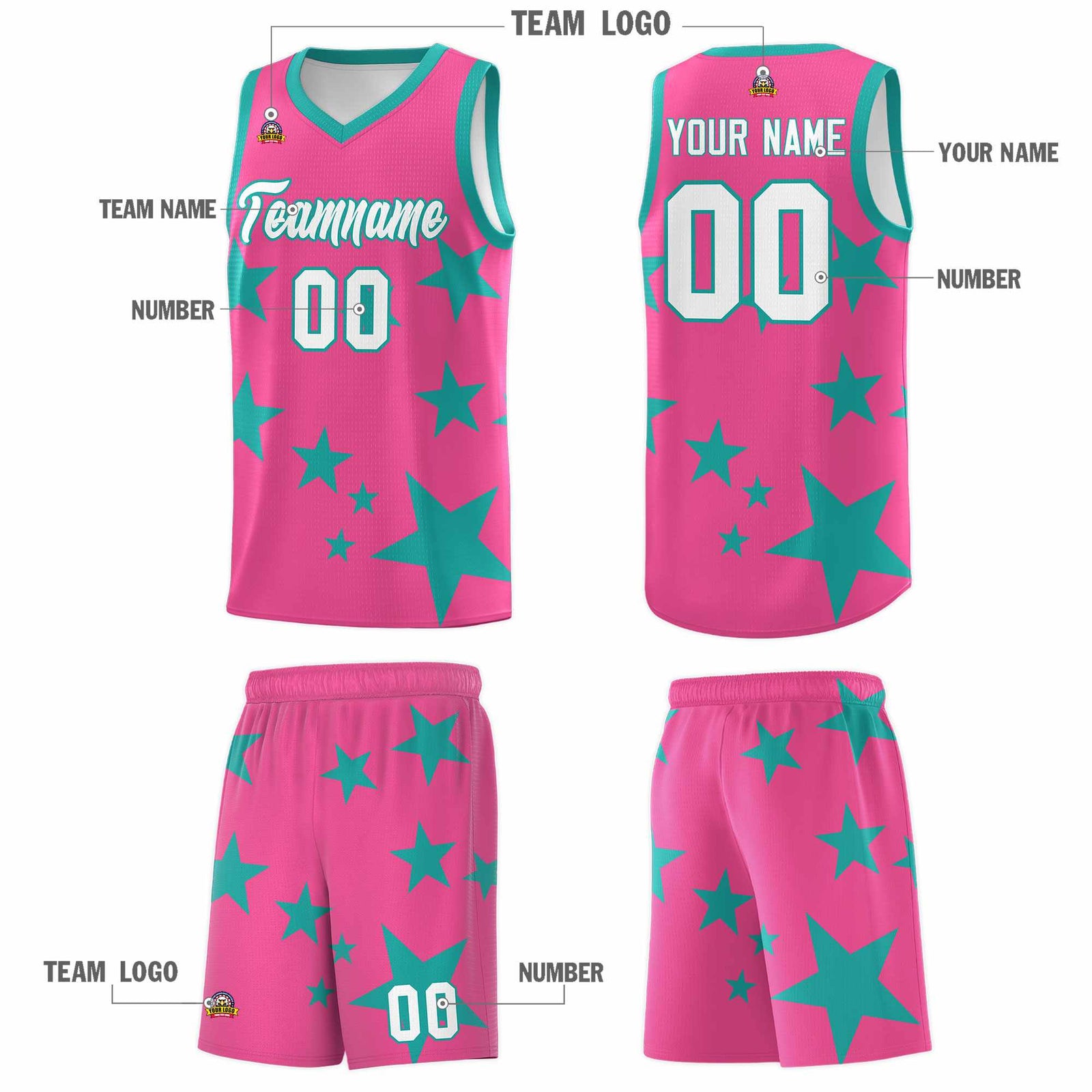 Custom Pink Aqua Graffiti Pattern Star Print Basketball Jersey Sets