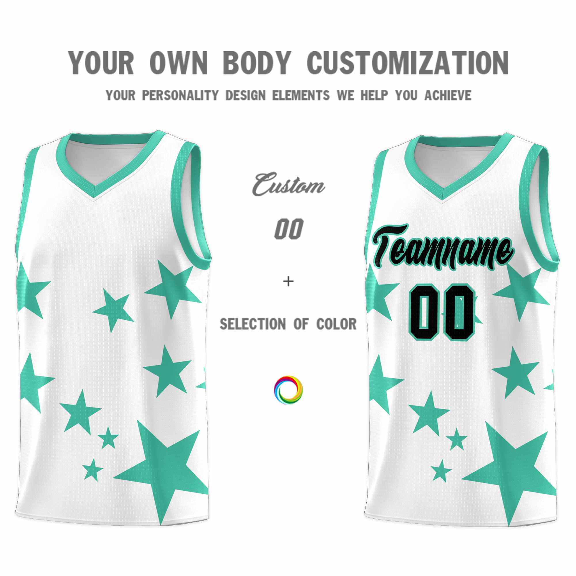 Custom White Bright Green Graffiti Pattern Star Print Basketball Jersey Sets