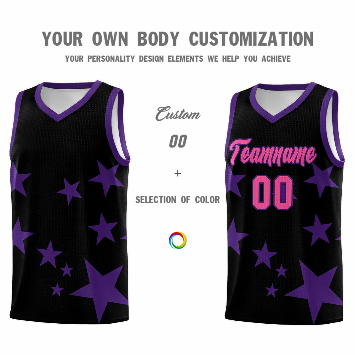 Custom Black Purple Graffiti Pattern Star Print Basketball Jersey Sets