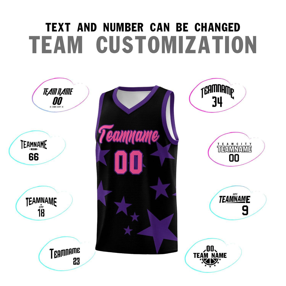 Custom Black Purple Graffiti Pattern Star Print Basketball Jersey Sets