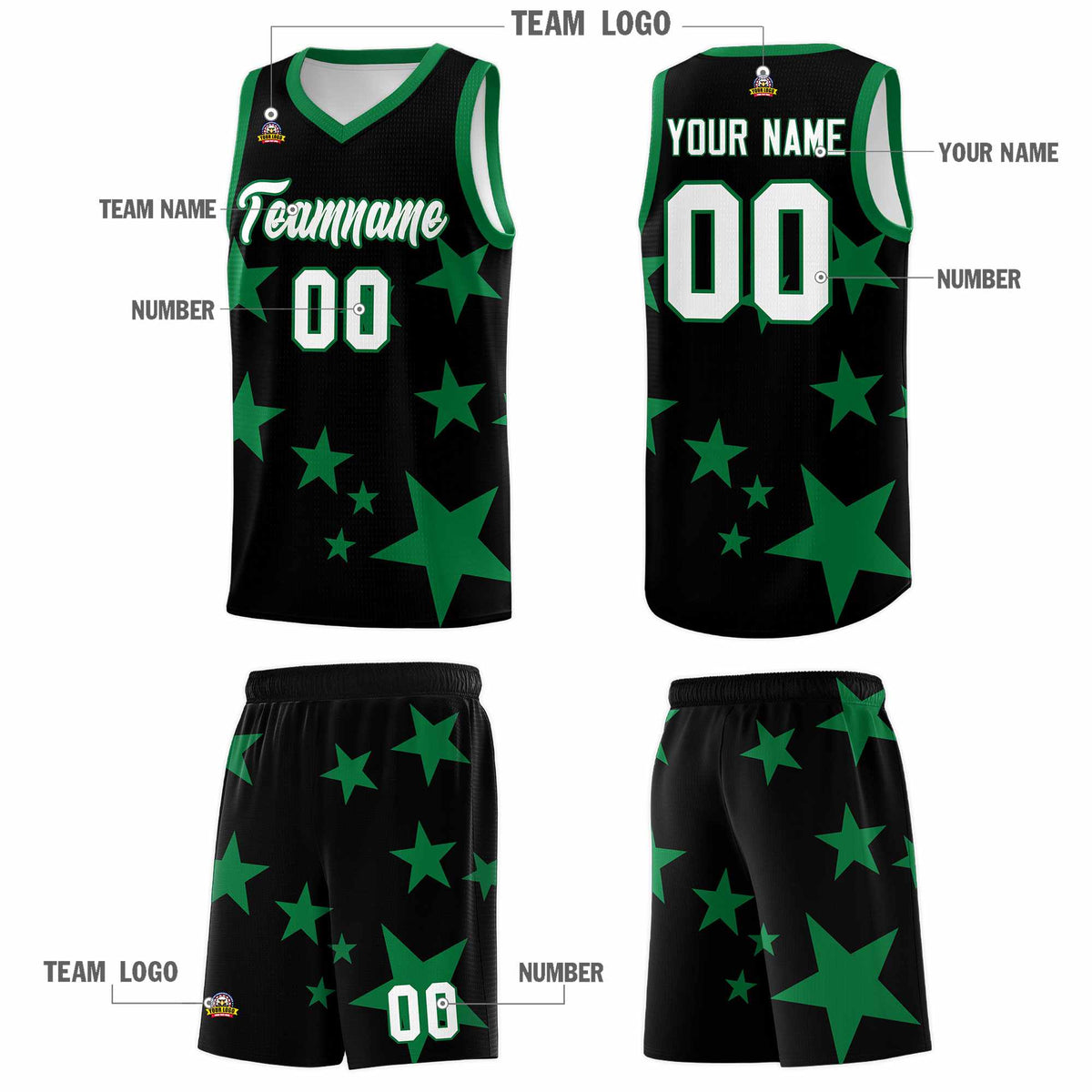 Custom Black Kelly Green Graffiti Pattern Star Print Basketball Jersey Sets