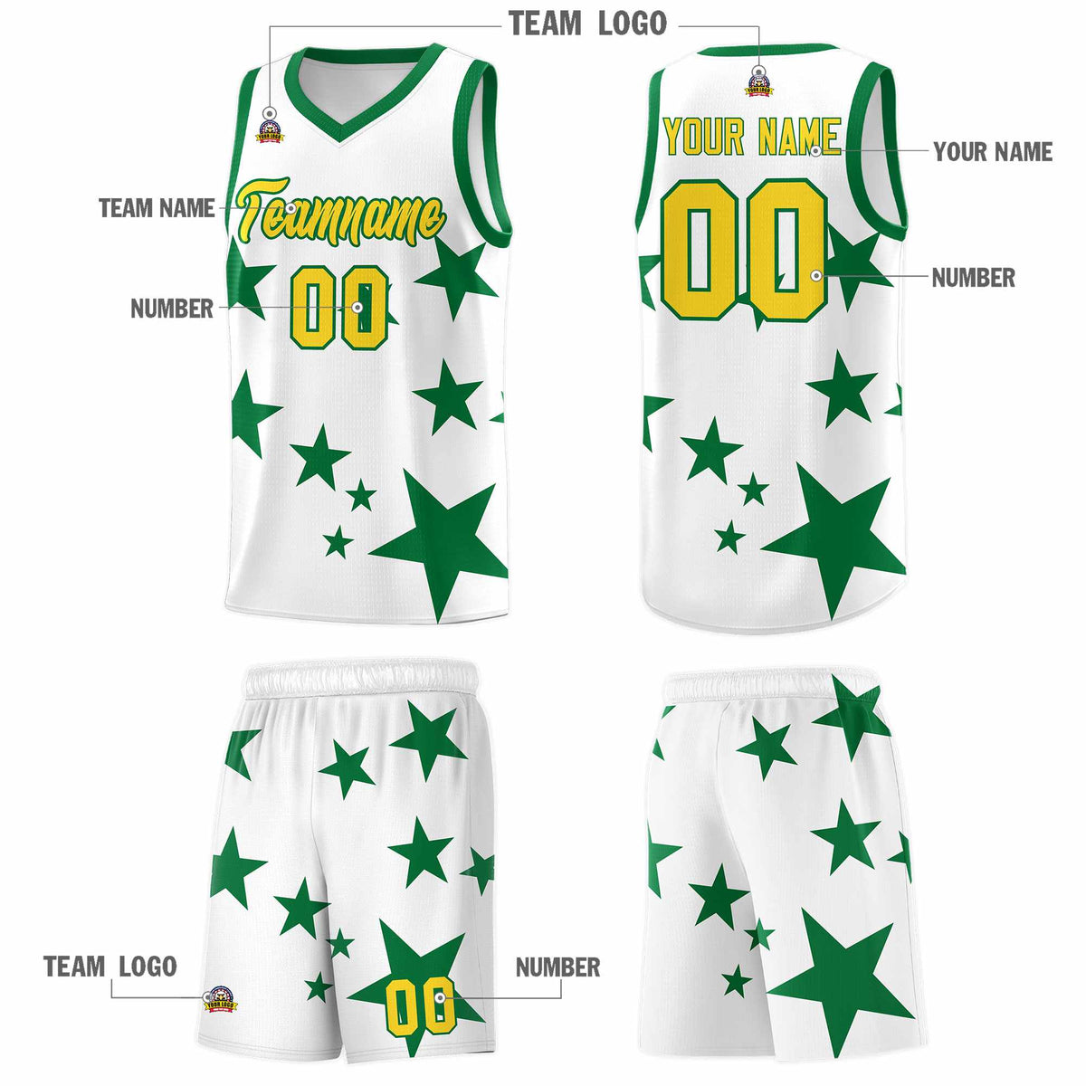 Custom White Kelly Green Graffiti Pattern Star Print Basketball Jersey Sets