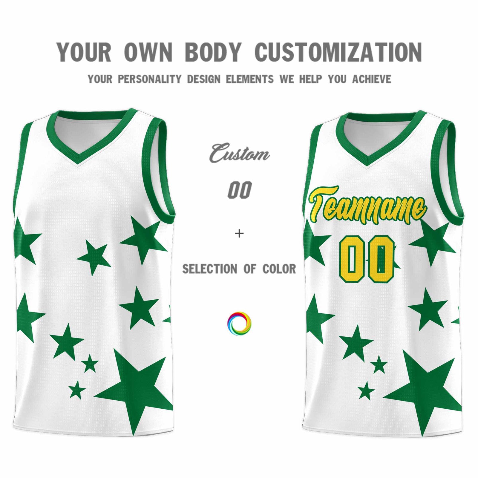 Custom White Kelly Green Graffiti Pattern Star Print Basketball Jersey Sets