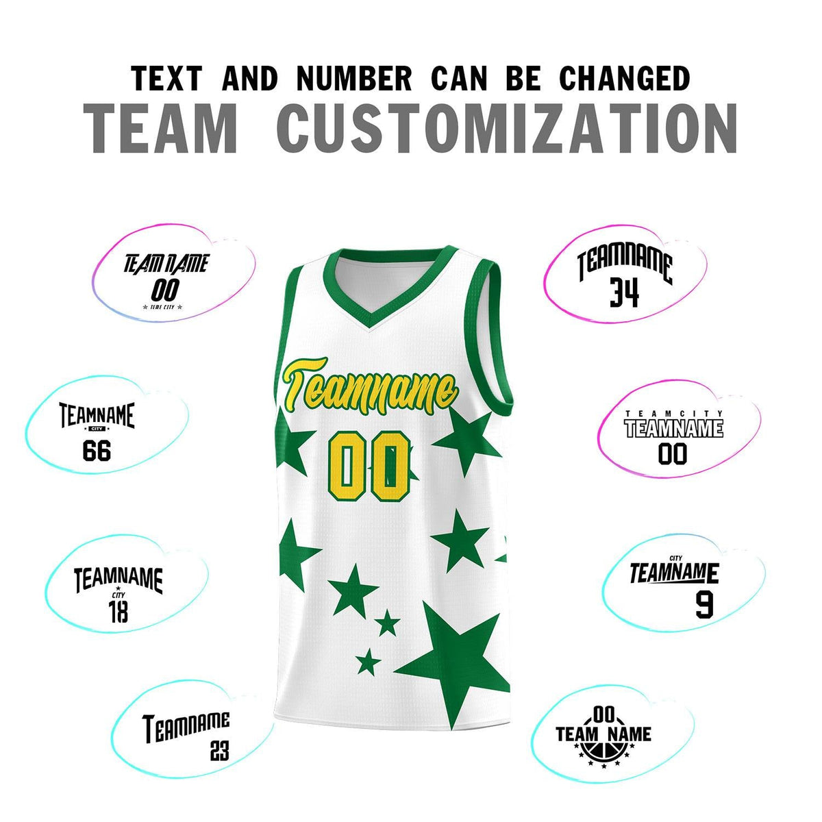 Custom White Kelly Green Graffiti Pattern Star Print Basketball Jersey Sets
