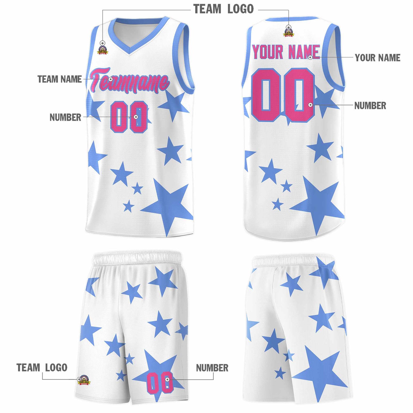 Custom White Light Blue Graffiti Pattern Star Print Basketball Jersey Sets