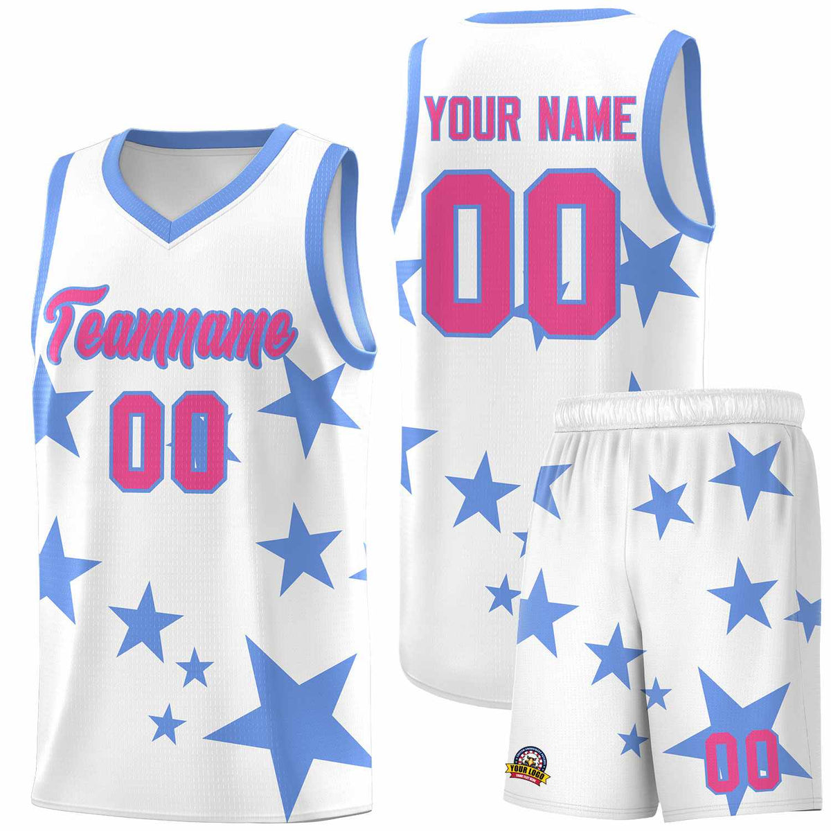 Custom White Light Blue Graffiti Pattern Star Print Basketball Jersey Sets