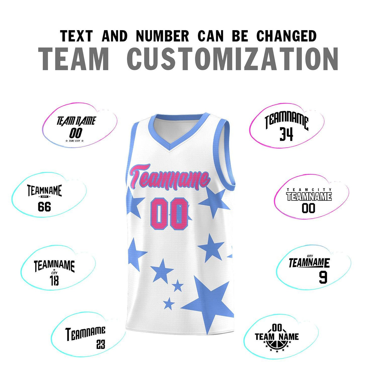 Custom White Light Blue Graffiti Pattern Star Print Basketball Jersey Sets