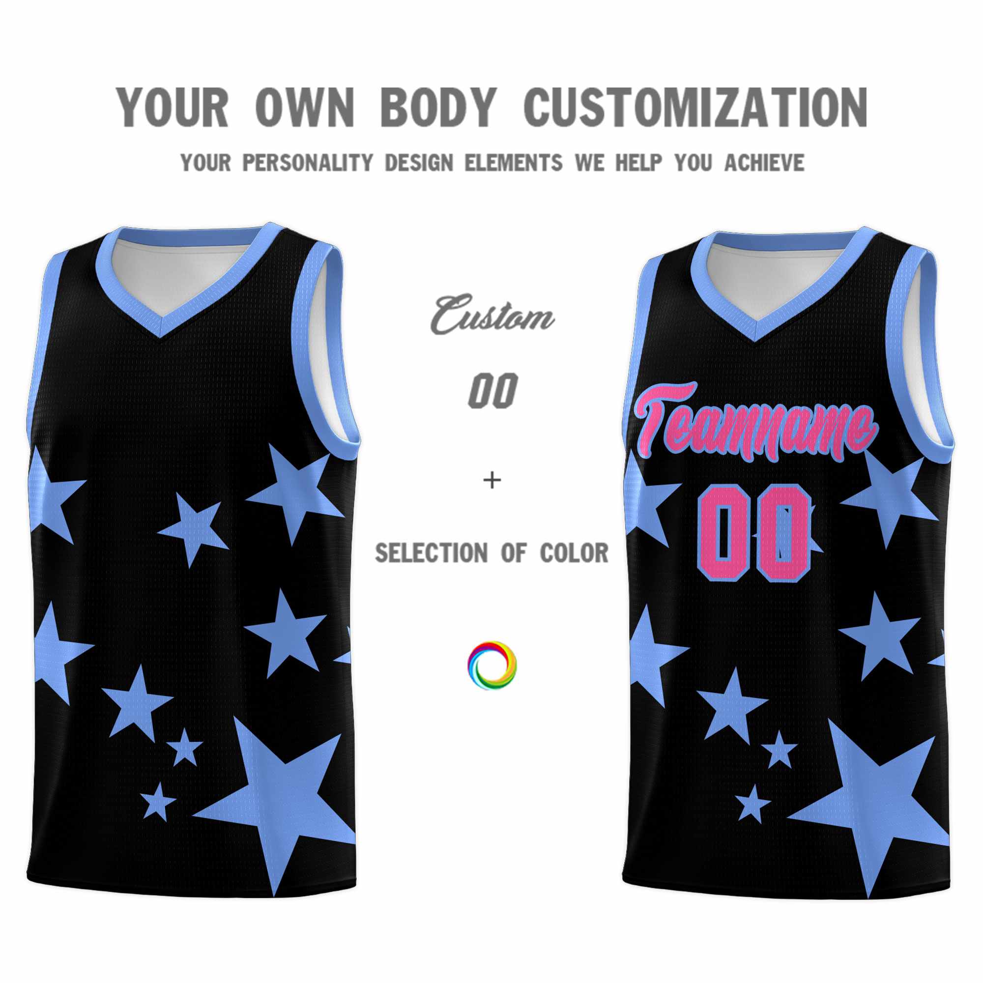 Custom Black Light Blue Graffiti Pattern Star Print Basketball Jersey Sets
