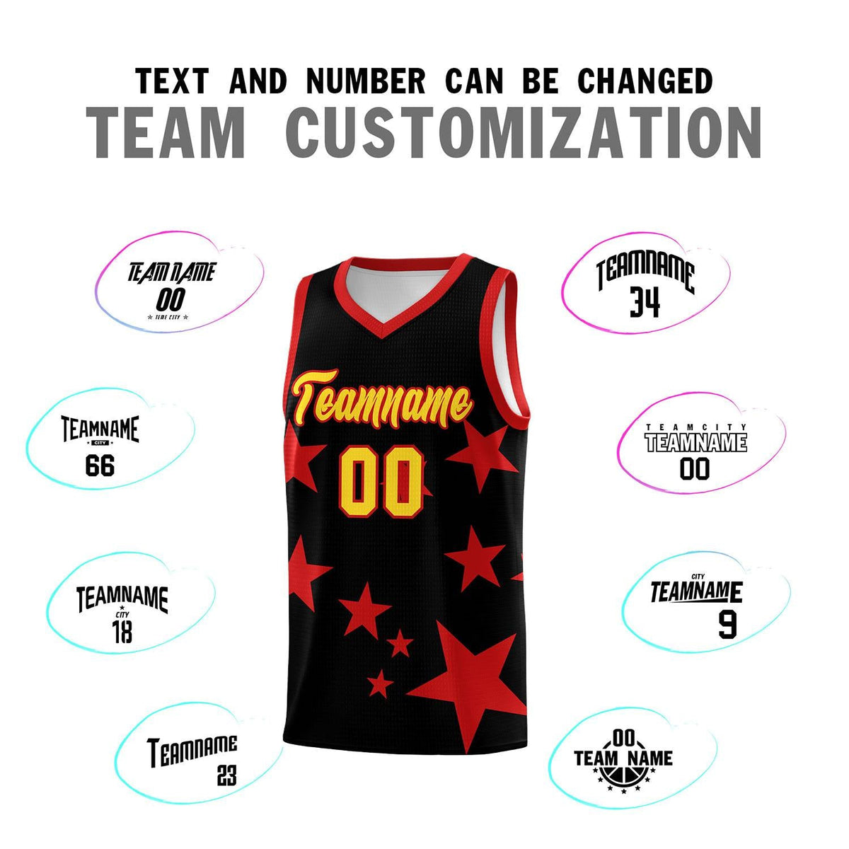 Custom Black Red Graffiti Pattern Star Print Basketball Jersey Sets