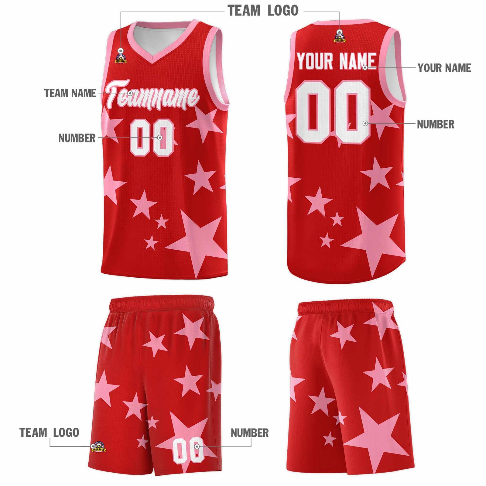 Custom Red Light Pink Graffiti Pattern Star Print Basketball Jersey Sets